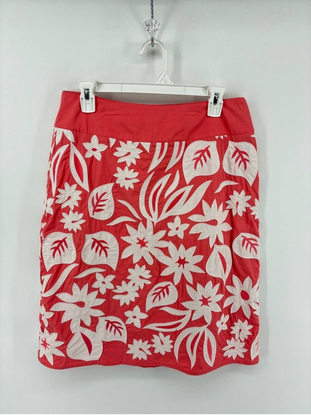 Red Floral Cotton Skirt with White Tropical Print